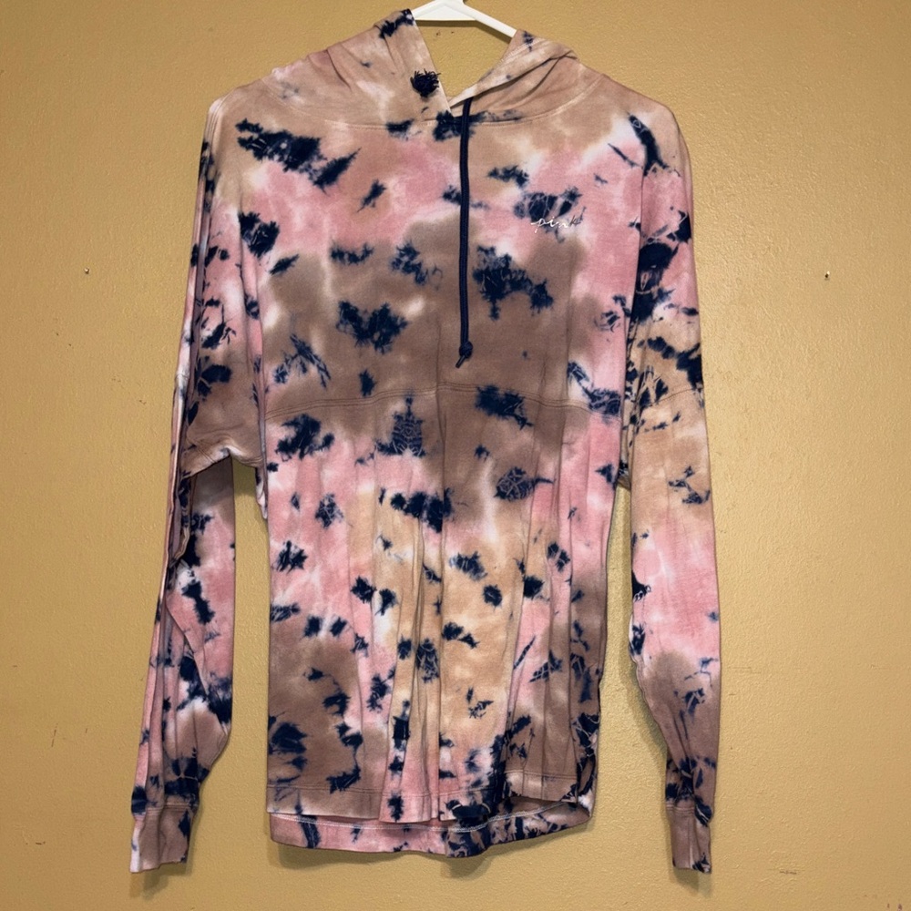 PINK Victoria's Oversize Sm Secret Tan and Blue Tie-Dye Hoodie Silver Lettering